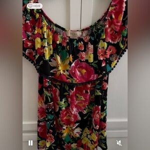 Diana Belle Black Floral Blouse with Pink Red & Yellow On or Off Shoulder Size L